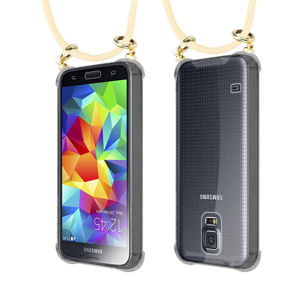 Smartphone Samsung con schermo colorato e cover posteriore trasparente, attaccato a un laccio.