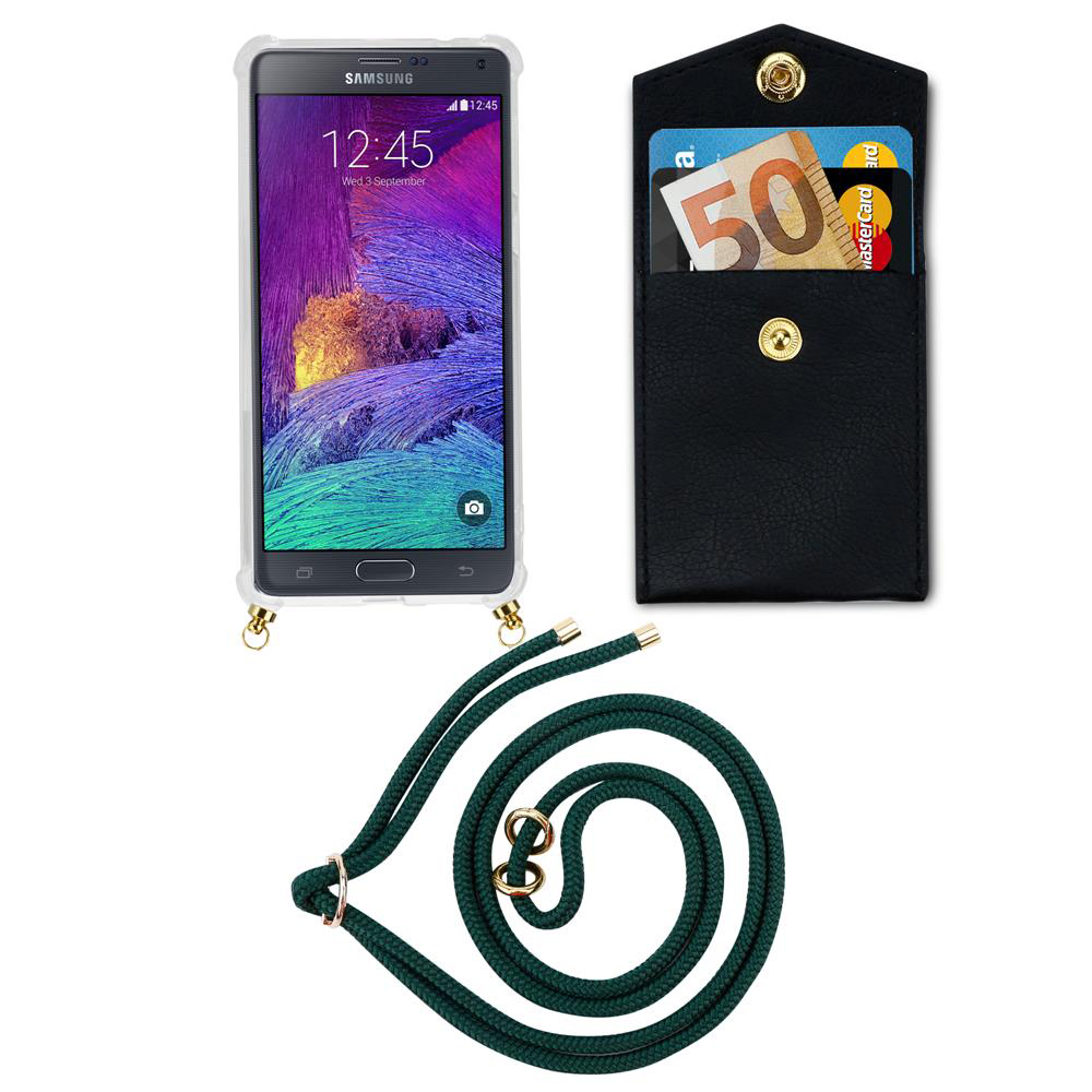 Smartphone Samsung con custodia, portafoglio con carte e banconota euro, cordino.