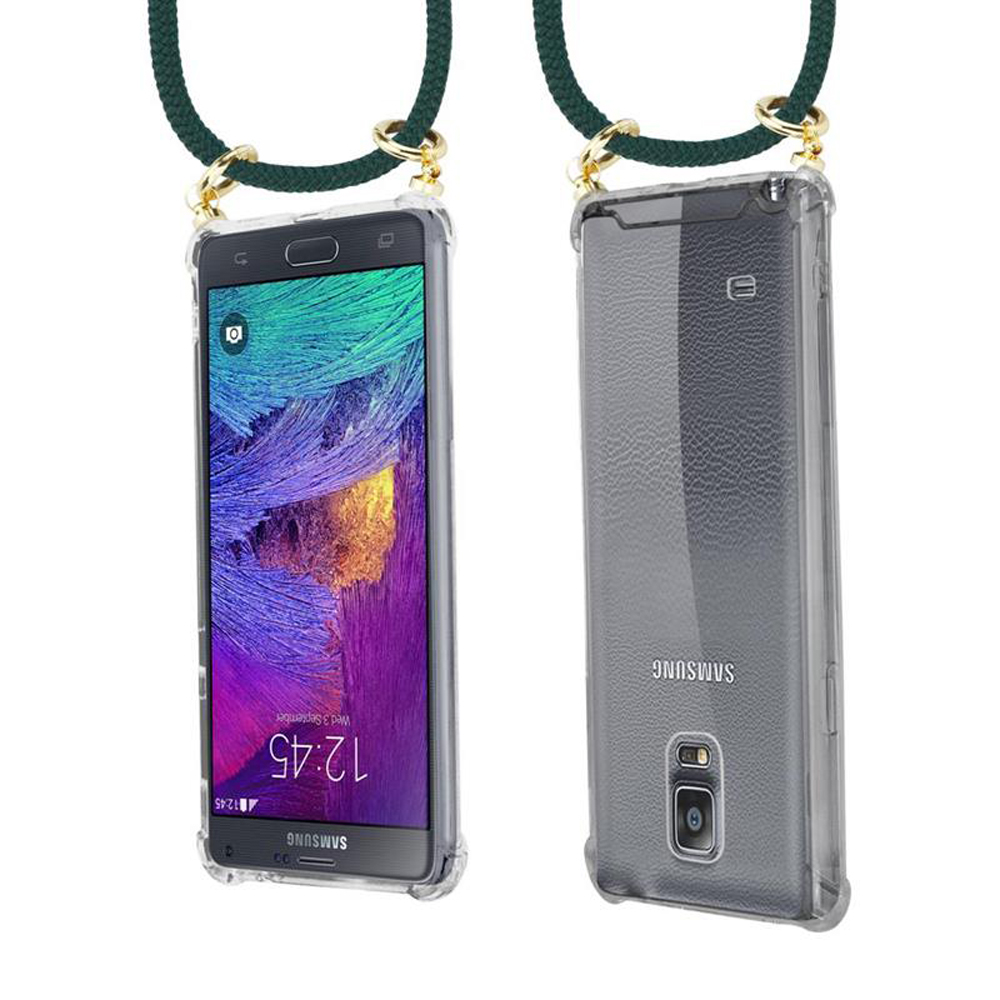 Custodia trasparente per telefono Samsung con cordino, vista frontale e retro.