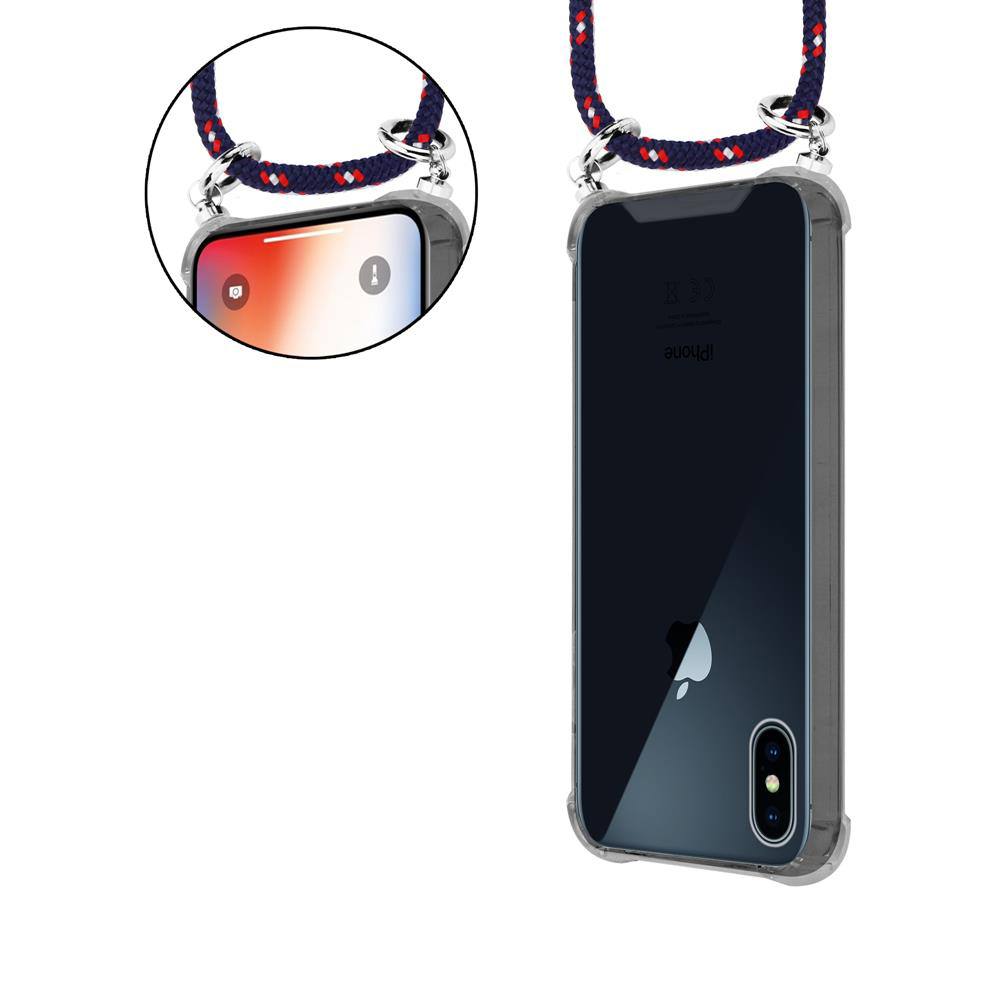 Una custodia trasparente per iPhone con un cordino blu e rosso attaccato.