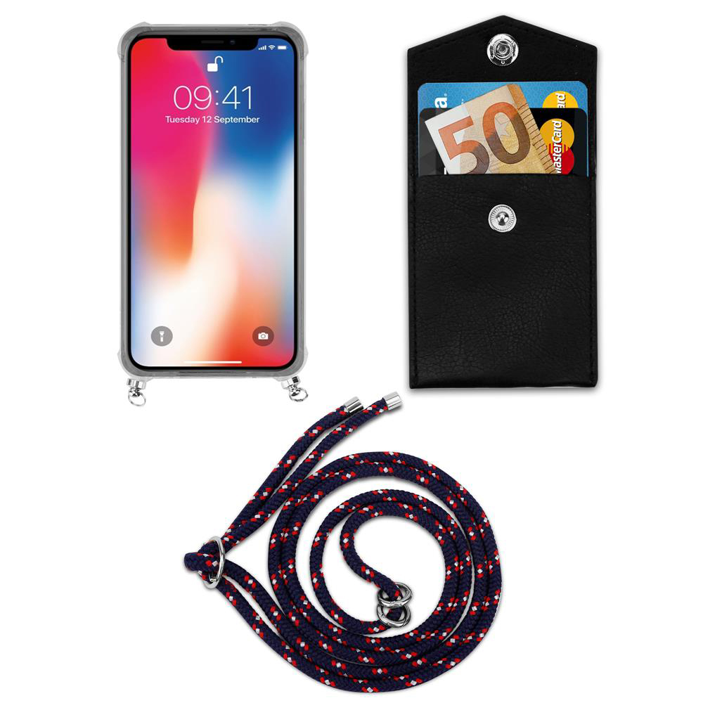 Uno smartphone, un portafoglio nero con soldi e carta, e un cordino.