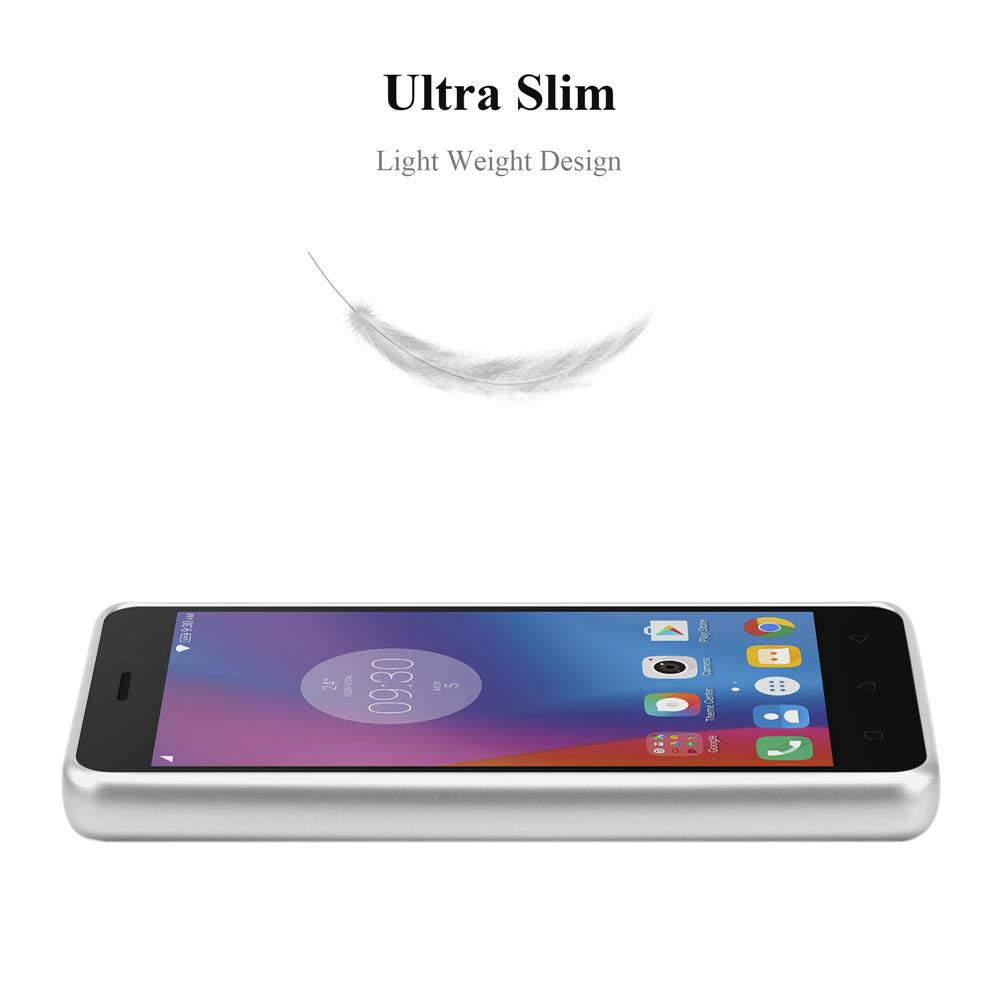 Uno smartphone sottile con corpo argentato e schermo blu.