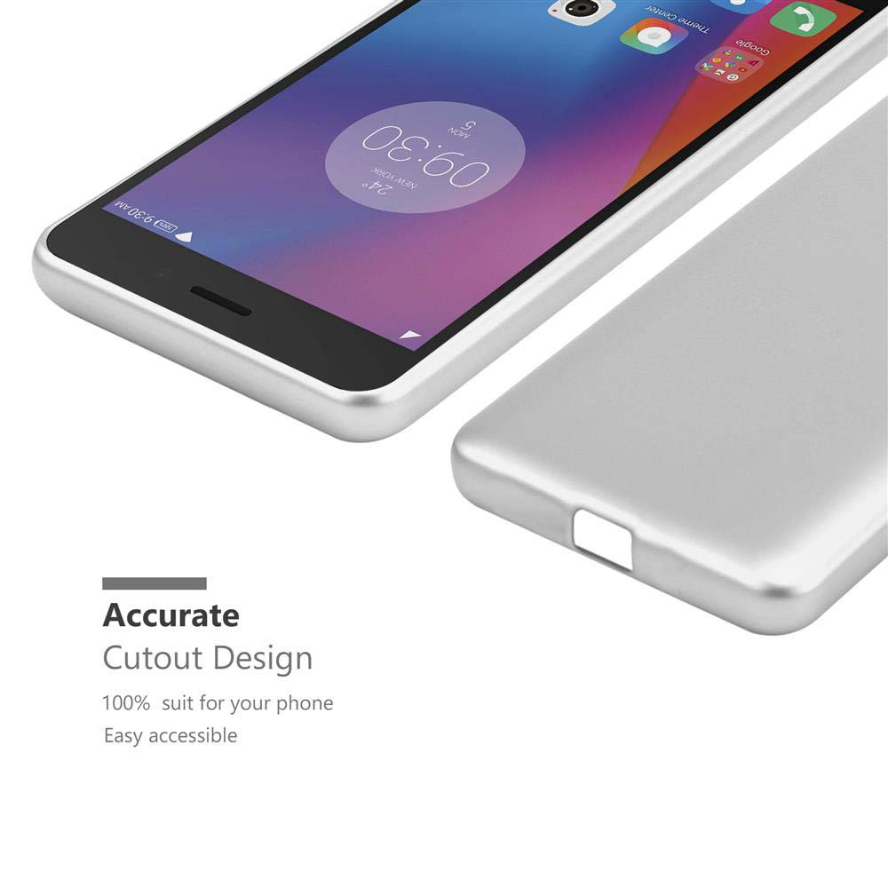 Smartphone argentato con custodia aperta che rivela lo schermo.