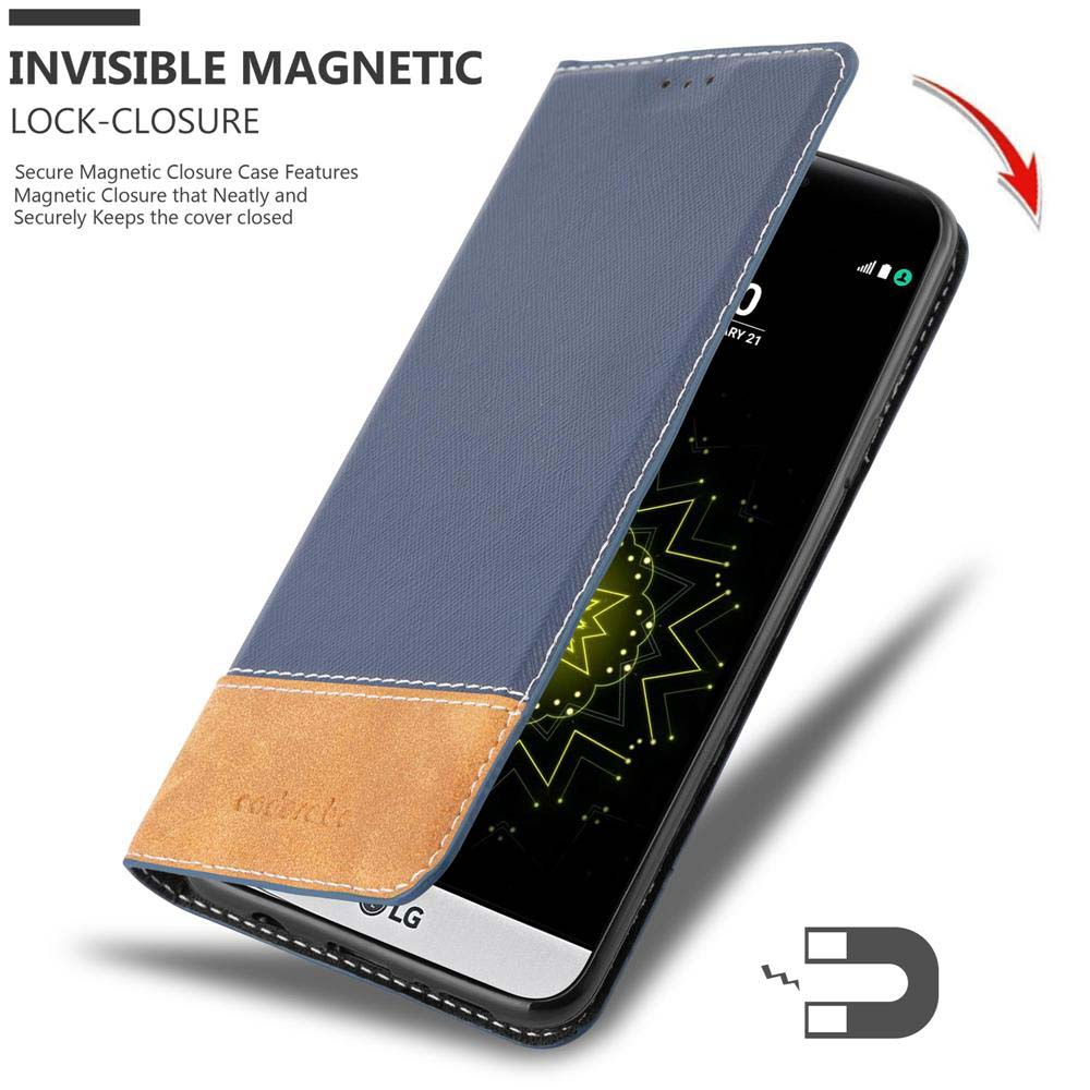 Blaue LG-Handyhülle mit braunem Akzent, die magnetische Verschlussfunktion zeigt.