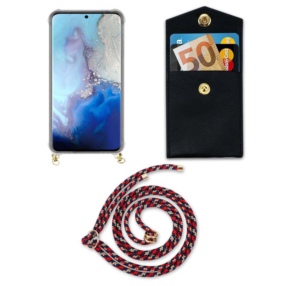 Uno smartphone con custodia, portafoglio con carte e contanti, cordino.