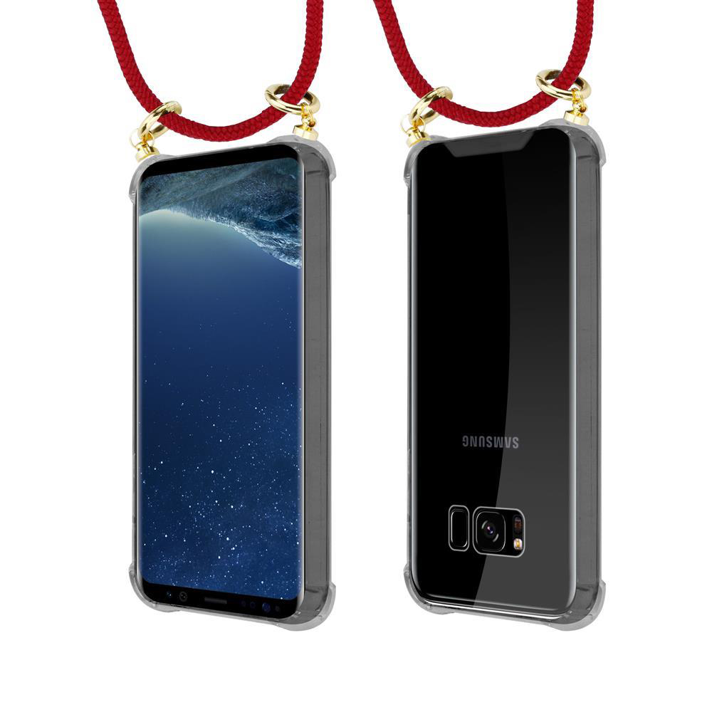 Due smartphone in custodie trasparenti con cordini rossi, mostrati su sfondo bianco.