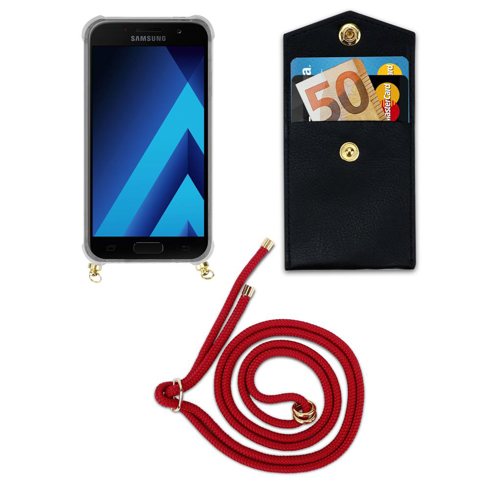 Un telefono Samsung con custodia nera, soldi, carte e un laccetto rosso.