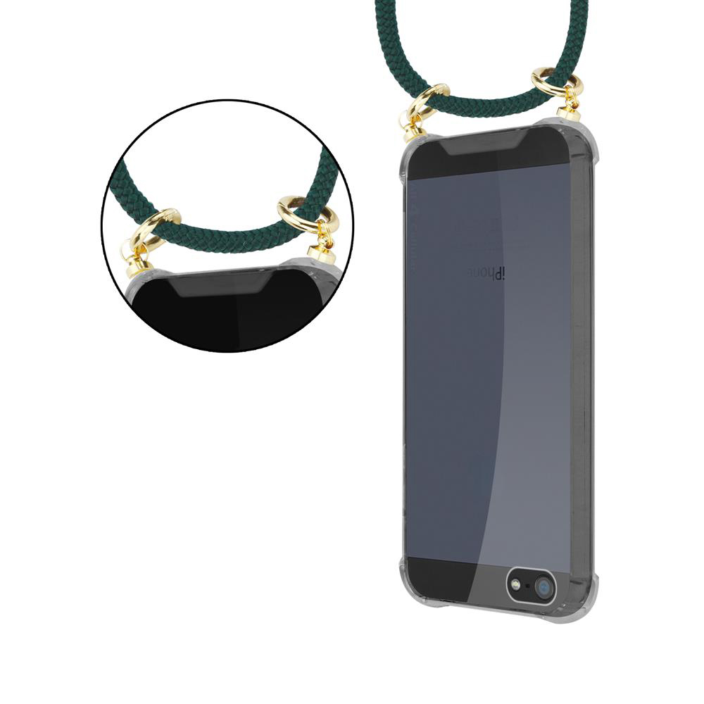 Un iPhone trasparente con cordino verde e finiture dorate.