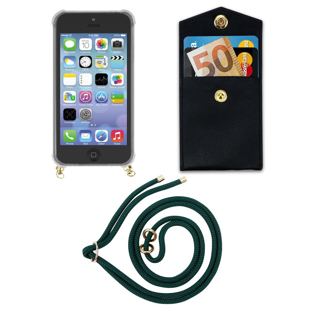 Portafoglio nero con banconote e carte, iPhone in custodia e cordino verde su sfondo bianco.