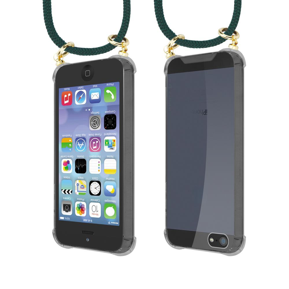 Due iPhone con cordini e custodie. Uno mostra la schermata principale, l'altro il retro.