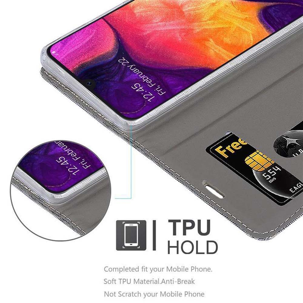 Una custodia grigia per telefono con un telefono che mostra uno sfondo viola e una carta.