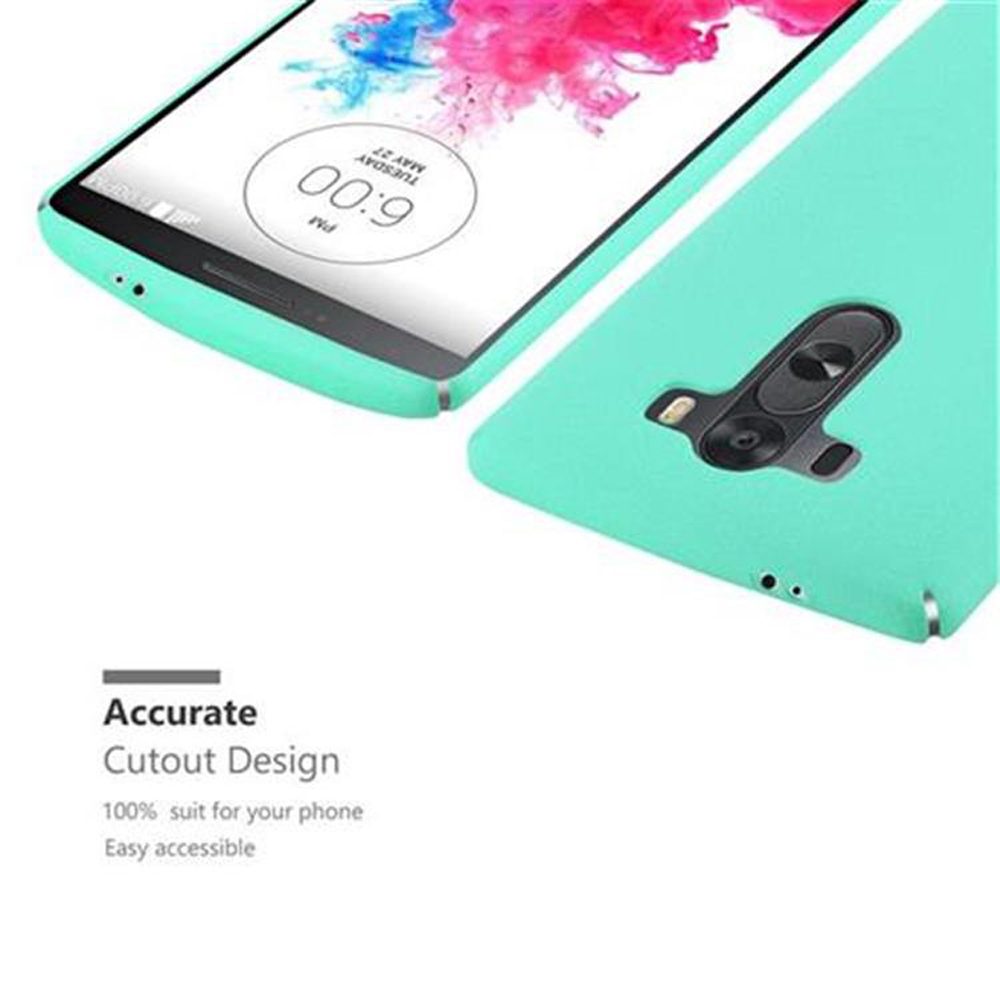 Ein türkisfarbenes Handy mit einem Ausschnitt für die Kamera und einem Bildschirm.