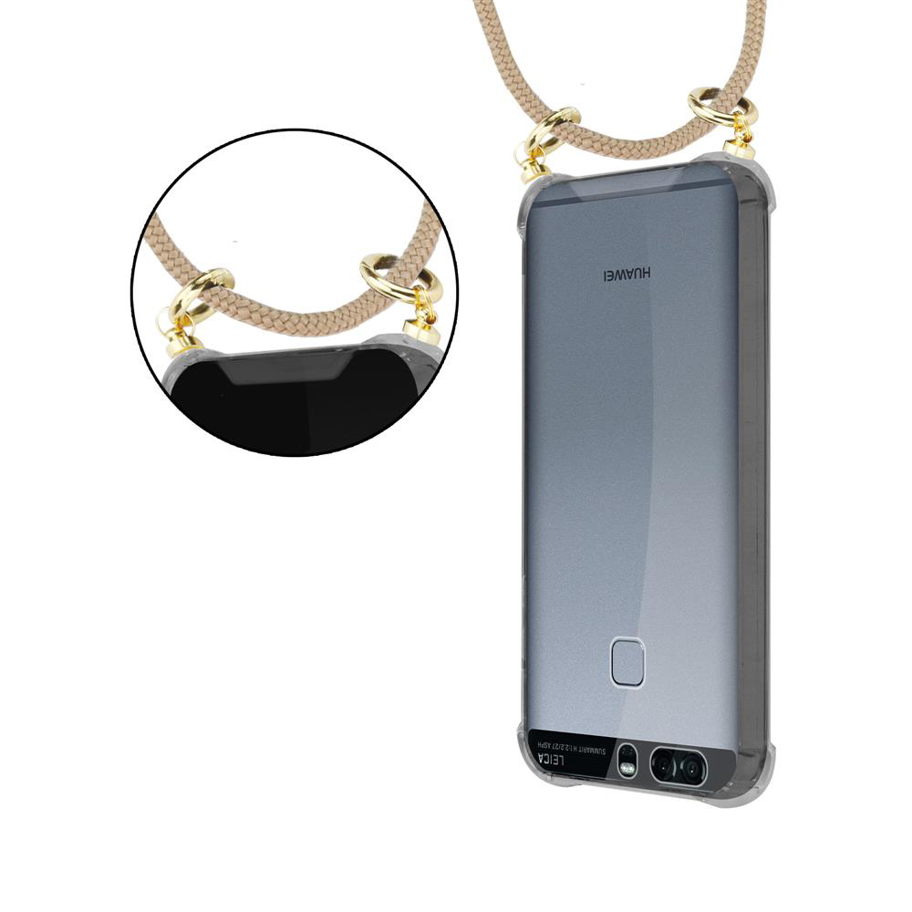 Graues Huawei-Smartphone mit Lanyard und Kamera-Details im Fokus.