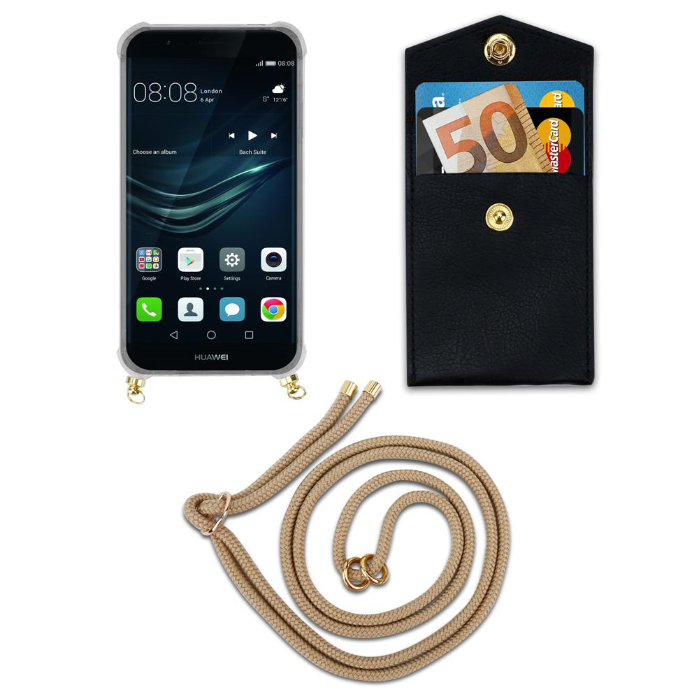 Ein Smartphone, eine schwarze Kartenhaltertasche mit 50-Euro-Schein und Karten, und eine Schnur.
