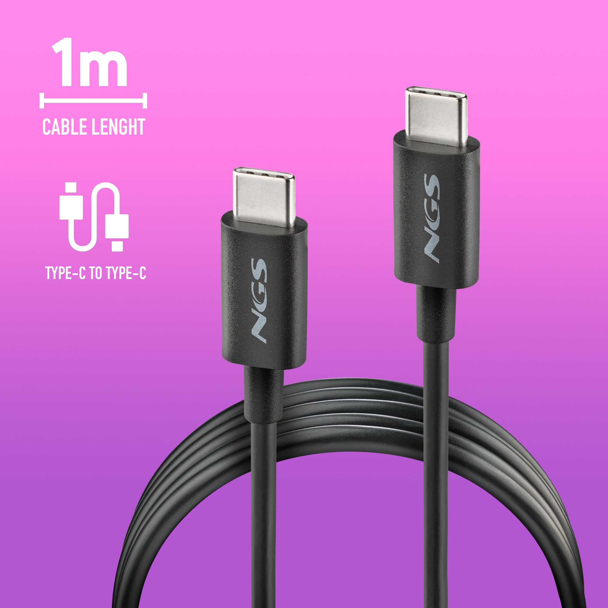 Un cavo USB-C nero con due connettori su sfondo viola.