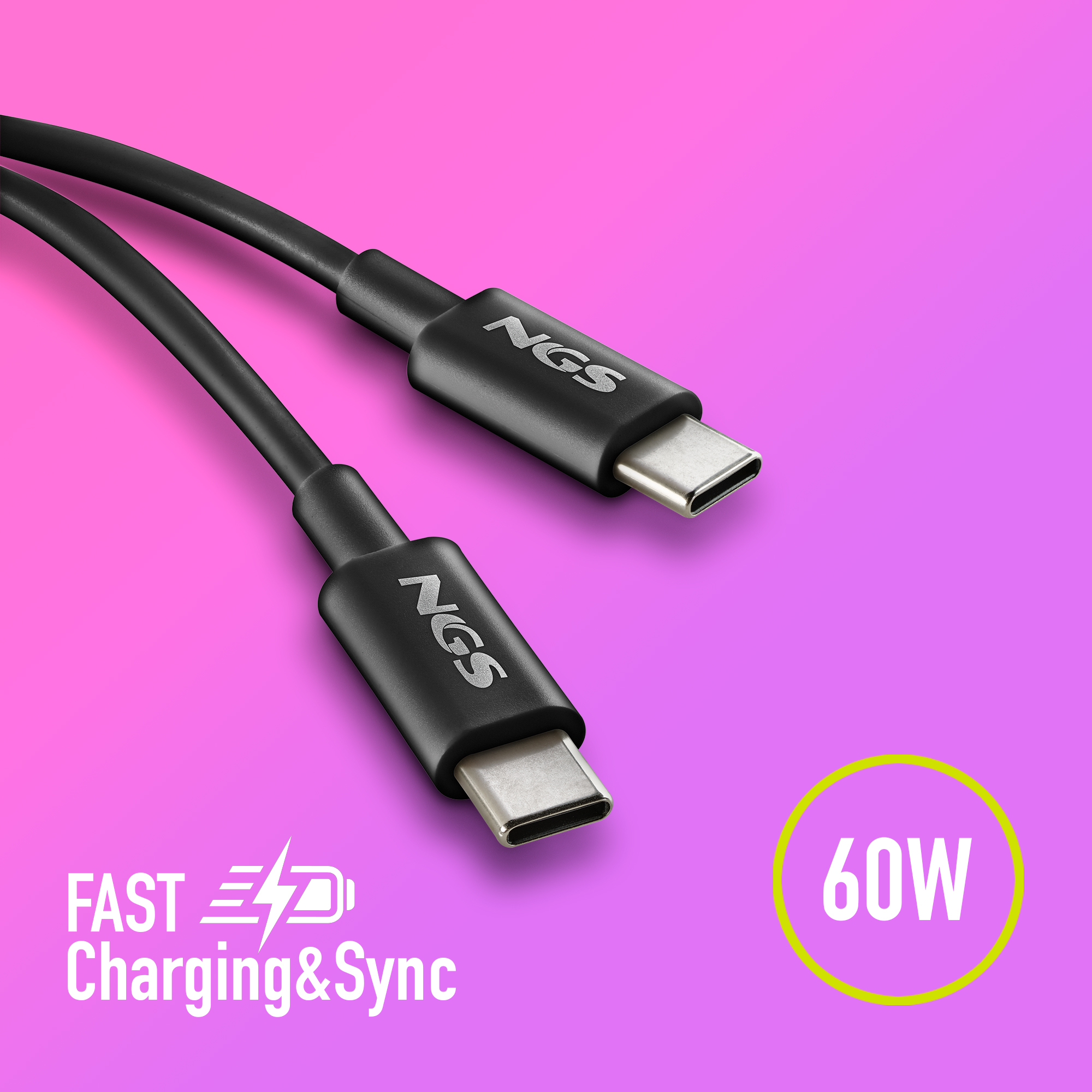 Due cavi USB-C neri con logo NGS e simbolo 60W.