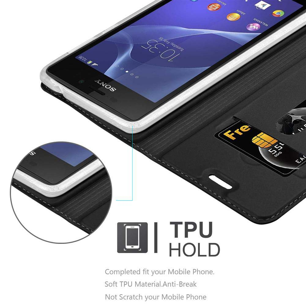 Schwarze Handyhülle mit Sony-Handy, Kreditkarte und TPU-Halte-Text.