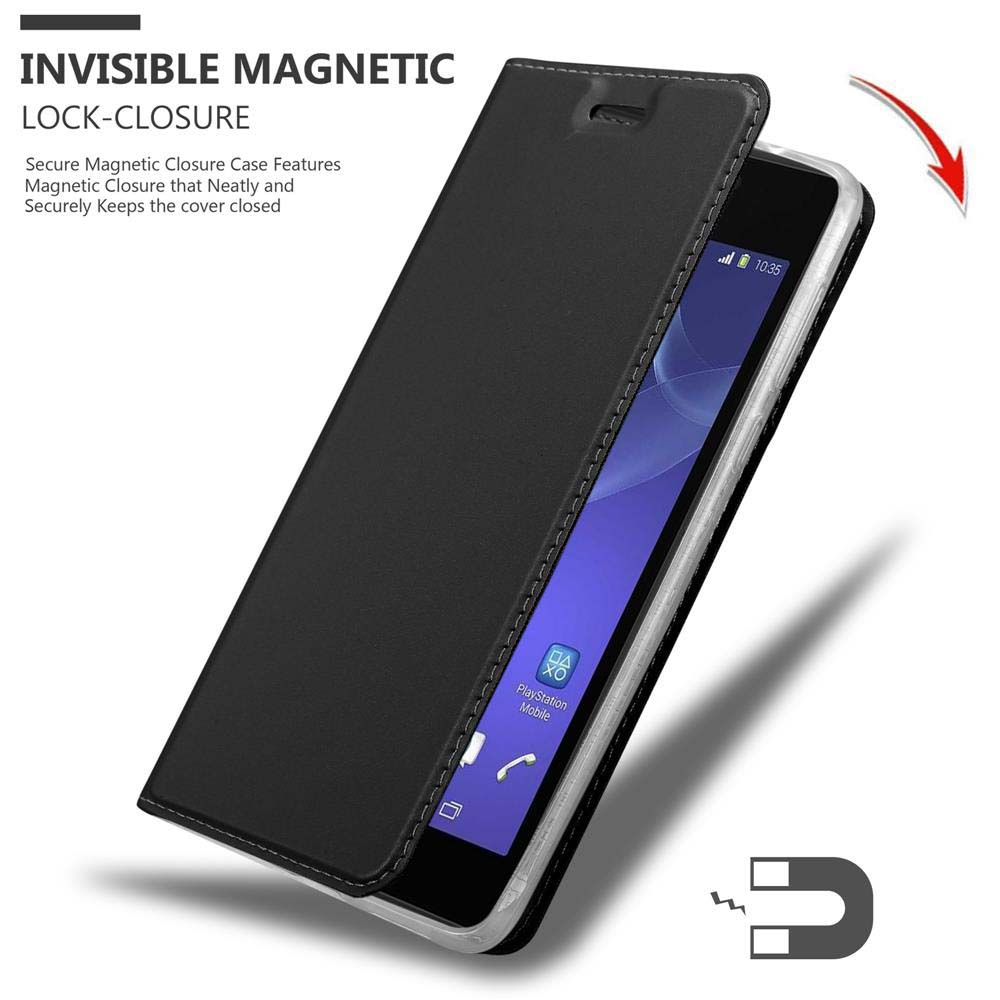 Schwarze Handyhülle mit aufklappbarem Deckel, zeigt ein Smartphone mit PlayStation Mobile App.