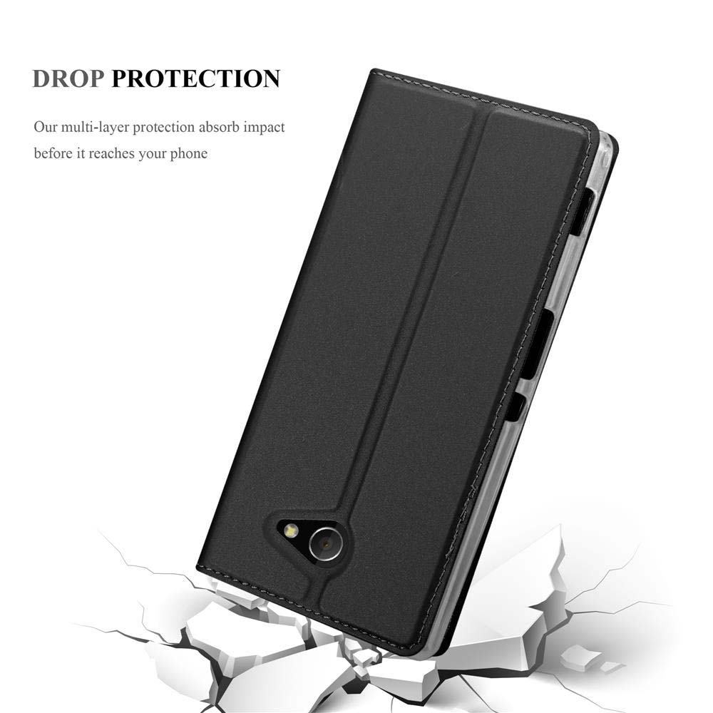 Schwarzes Handy-Flipcase auf zerbrochenem Boden, das Fallschutz zeigt.