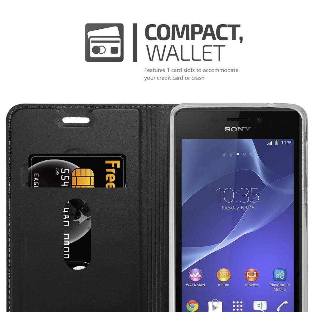 Ein schwarzes Wallet-Case mit zwei Kartenschlitzen und einem Sony-Smartphone.