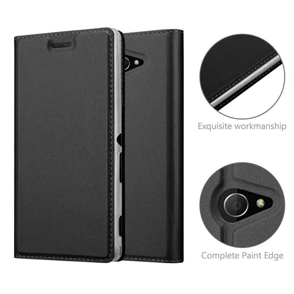 Schwarze Handyhülle im Flip-Stil mit Nähten und Detailaufnahmen.