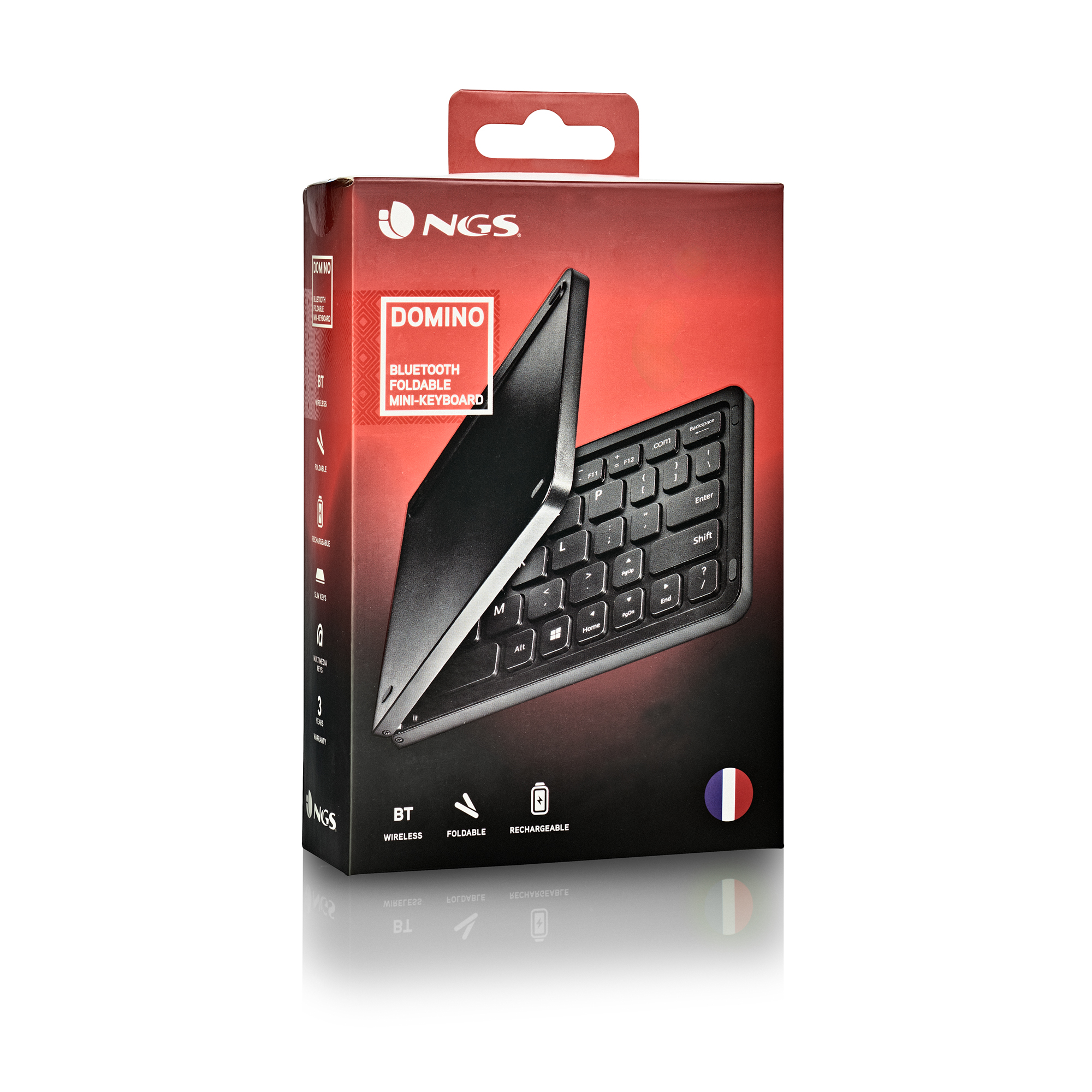 Scatola marca NGS con mini-tastiera Bluetooth pieghevole nera.