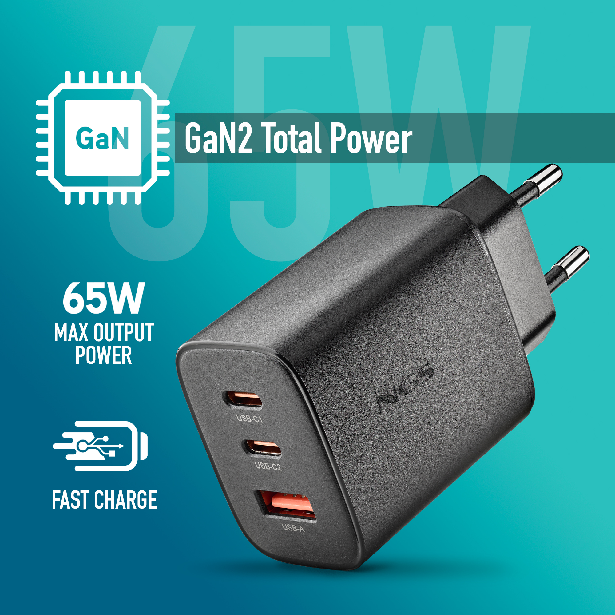 Adaptador de corriente GaN2 negro con 3 puertos (2x USB-C, 1x USB-A) y 65W.