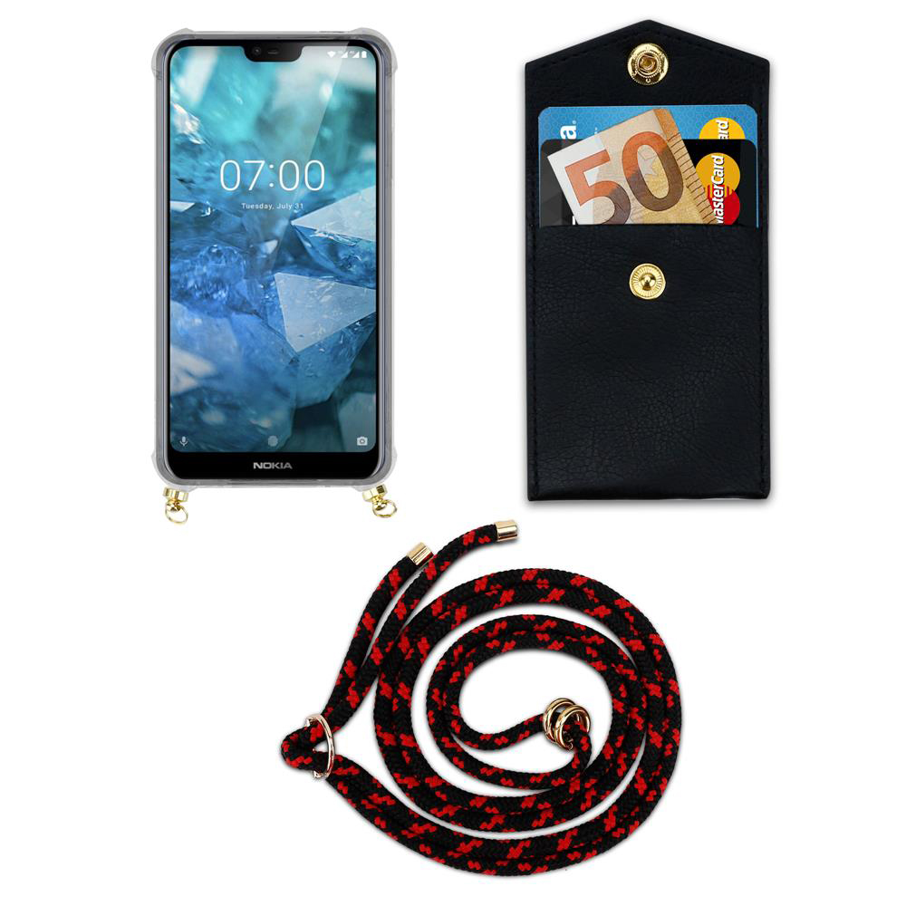 Nokia Smartphone mit schwarzer Hülle, Portemonnaie mit Geld und Karten, Lanyard.