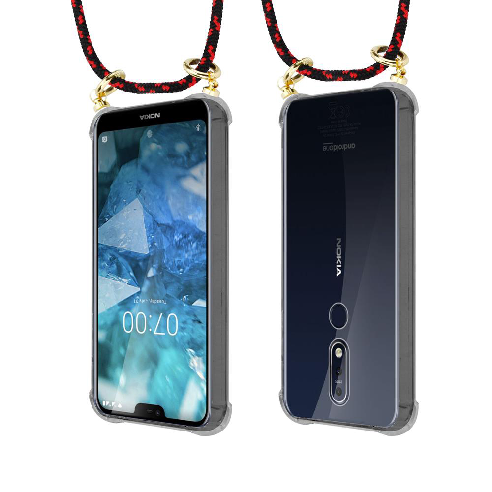 Ein Nokia-Smartphone mit einer transparenten Hülle und einem Lanyard.