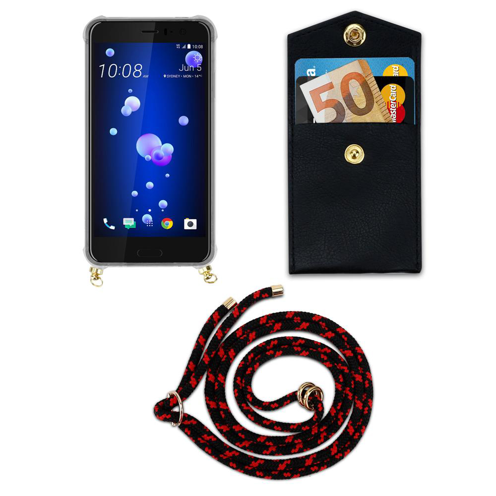 Ein Smartphone mit Hülle, eine schwarze Brieftasche mit Geld und Karten und eine Lanyard.