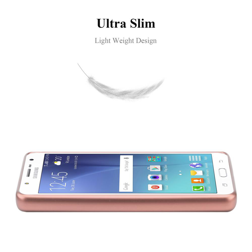 Ein roségoldenes Samsung-Smartphone mit einem Federdesign und dem Text Ultra Slim.