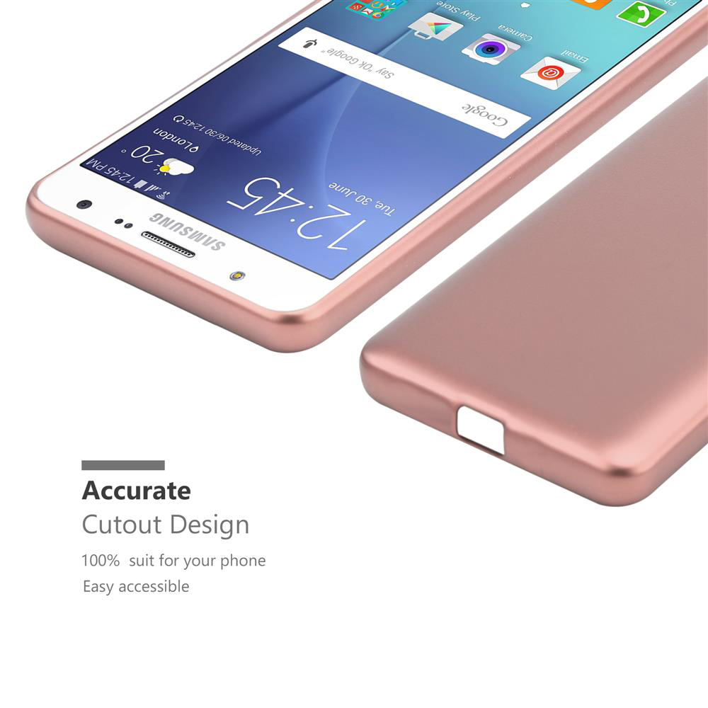 Roségoldene Handyhülle mit einem Samsung-Handy, das 12:45 Uhr anzeigt.