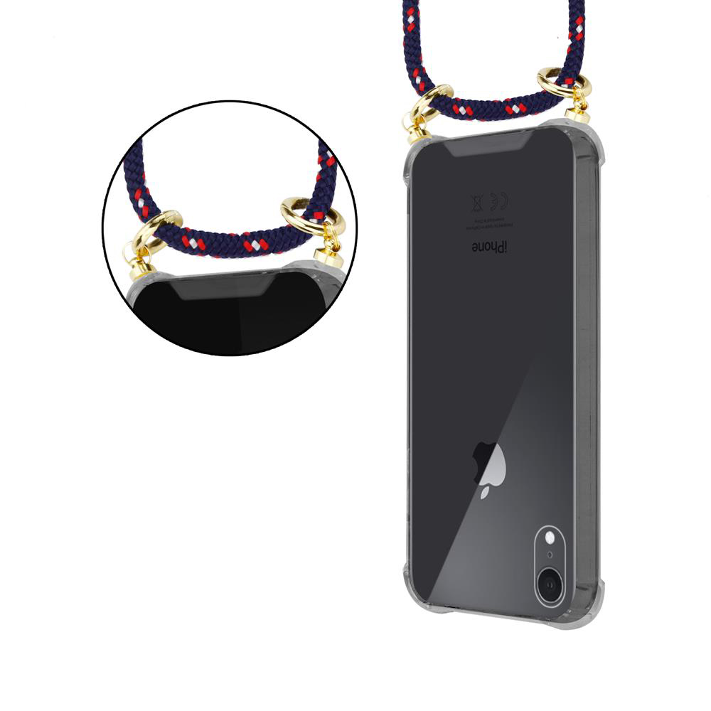 iPhone in cover trasparente con cordino blu-rosso e anelli dorati