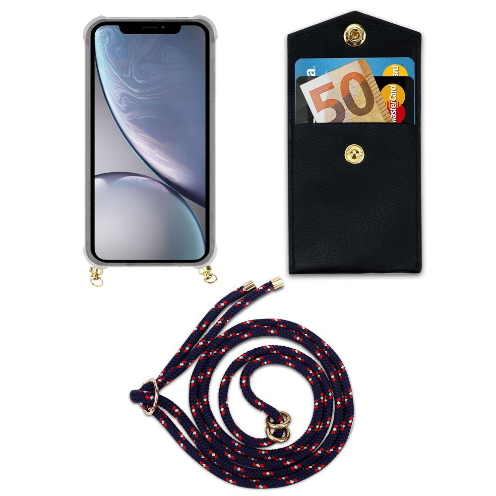 Uno smartphone con custodia, portafoglio nero con banconote e carte, e un cordino.