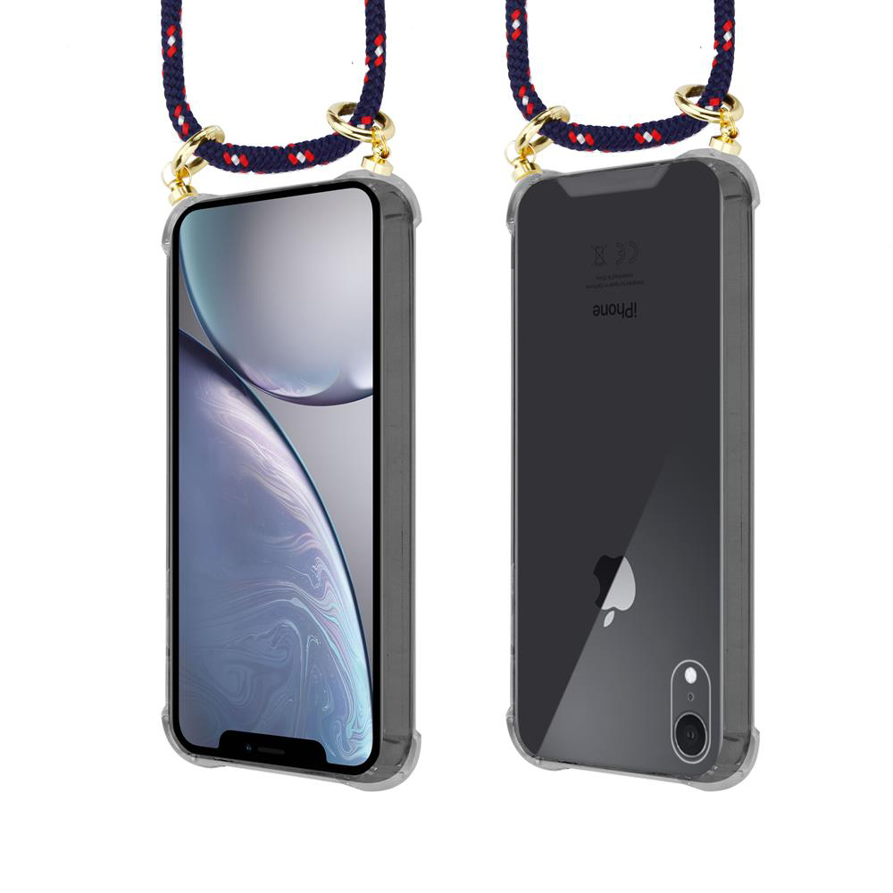 Custodia trasparente per telefono con cordino blu, bianco e rosso e connettori dorati.