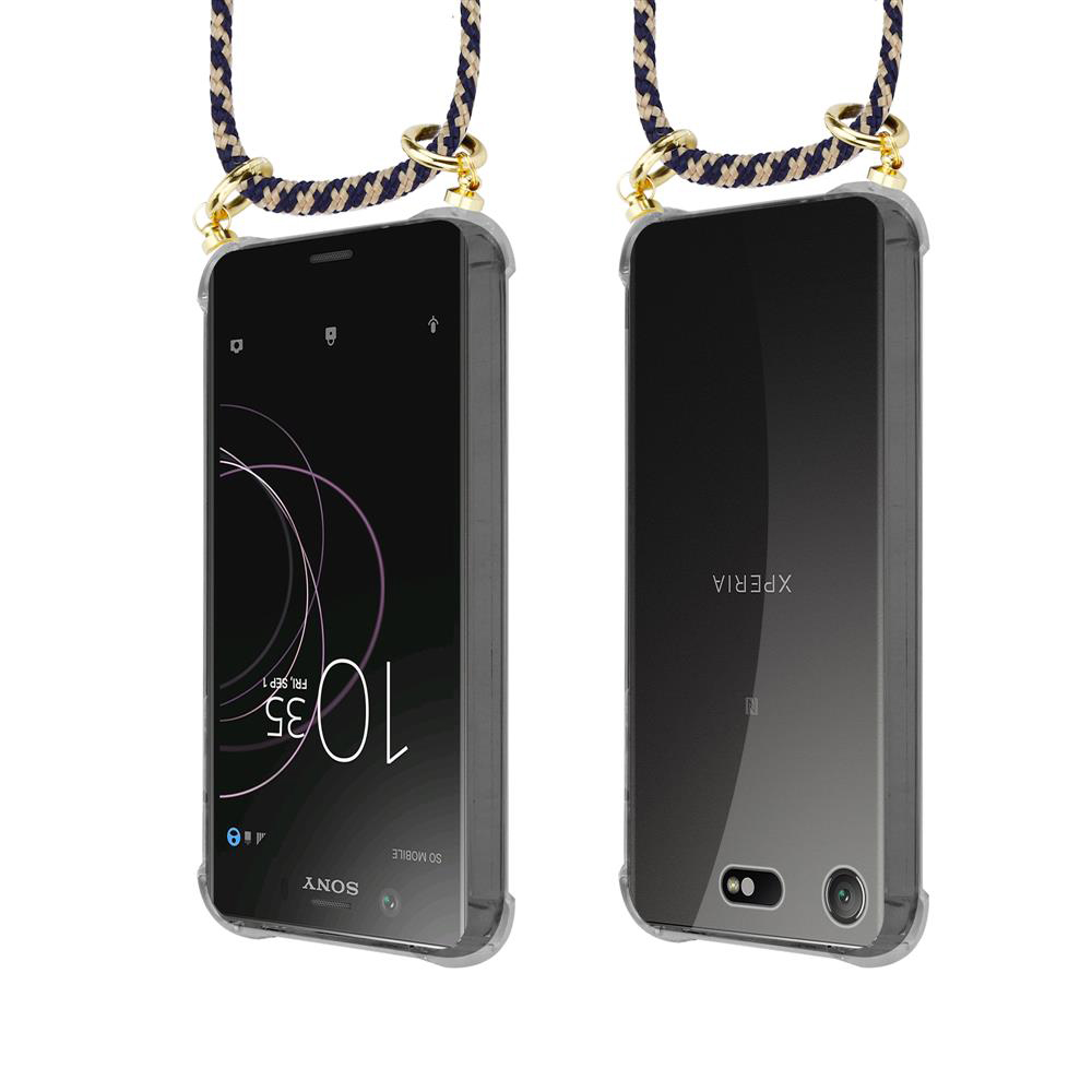 Zwei Sony Xperia Smartphones mit Trageband, eins zeigt die Uhrzeit 10:35.