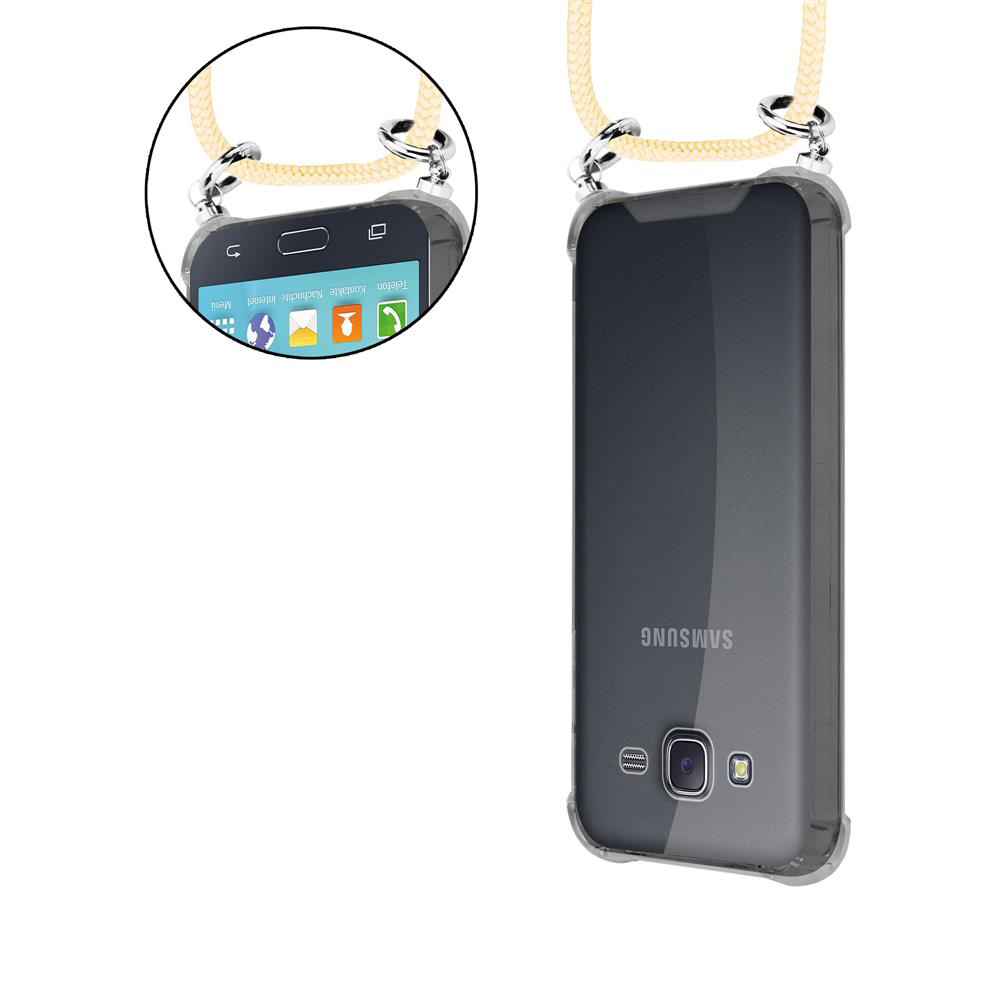 Ein Samsung-Handy mit einem durchsichtigen Gehäuse und einem gelben Tragegurt.