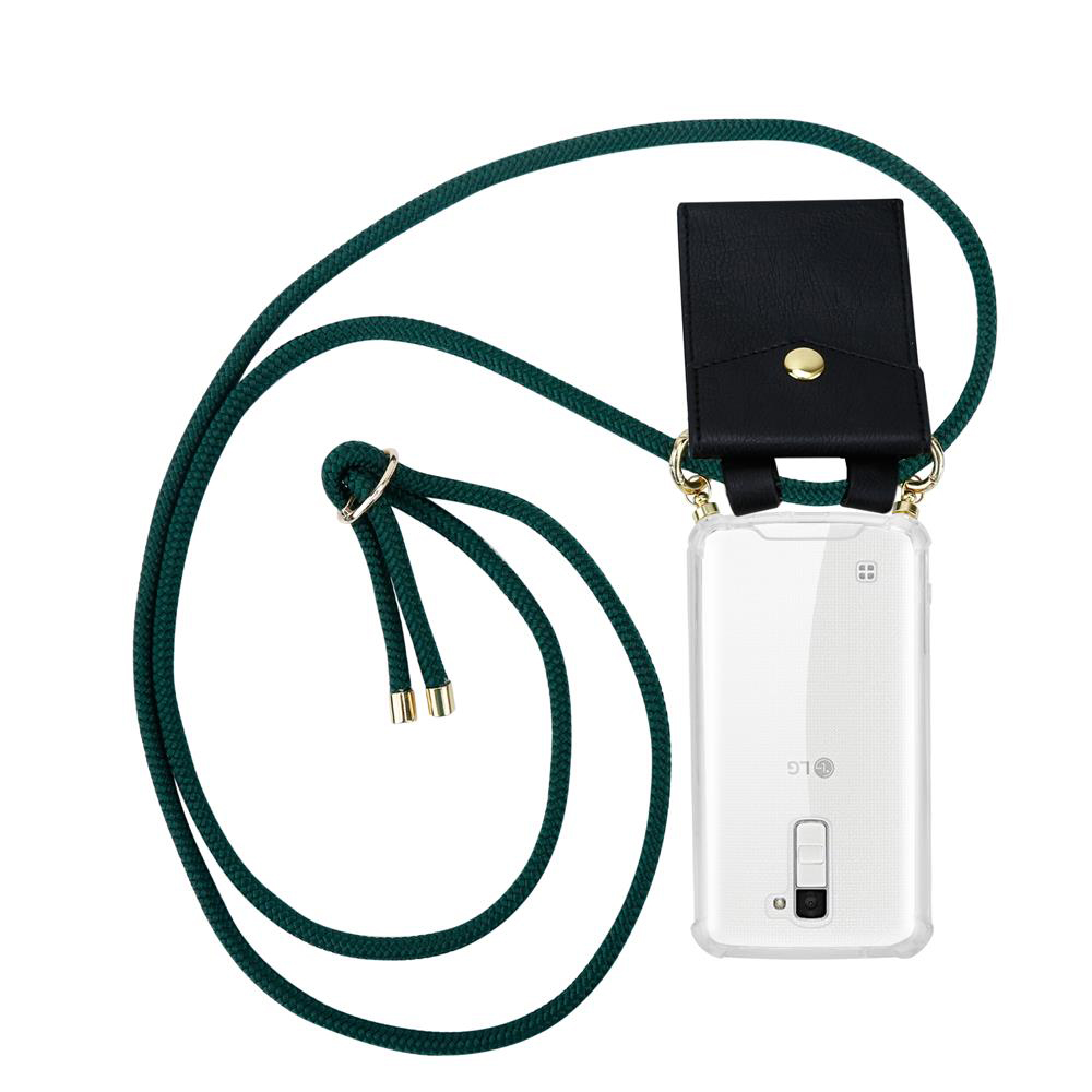 Transparente Handyhülle mit schwarzer Tasche und dunkelgrünem Band.