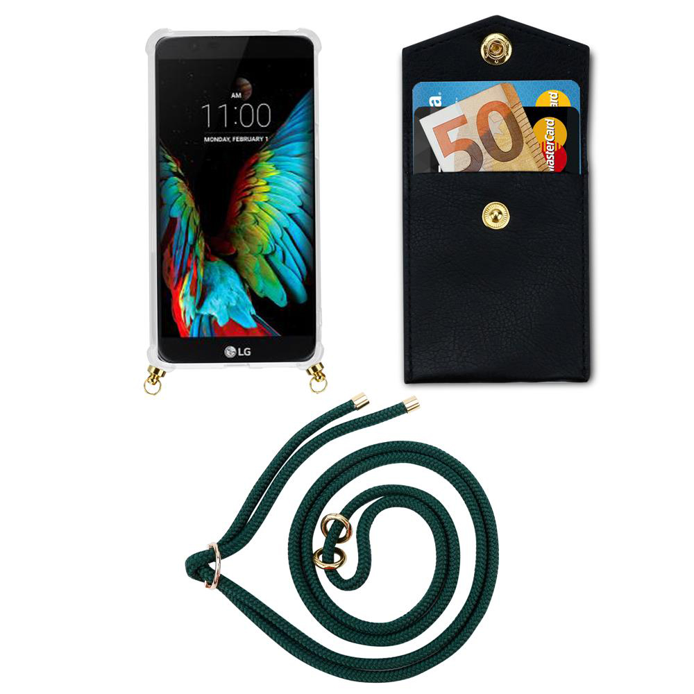 Ein LG-Smartphone mit Hülle, eine schwarze Brieftasche mit Karten und Geldscheinen und eine grüne Kordel.