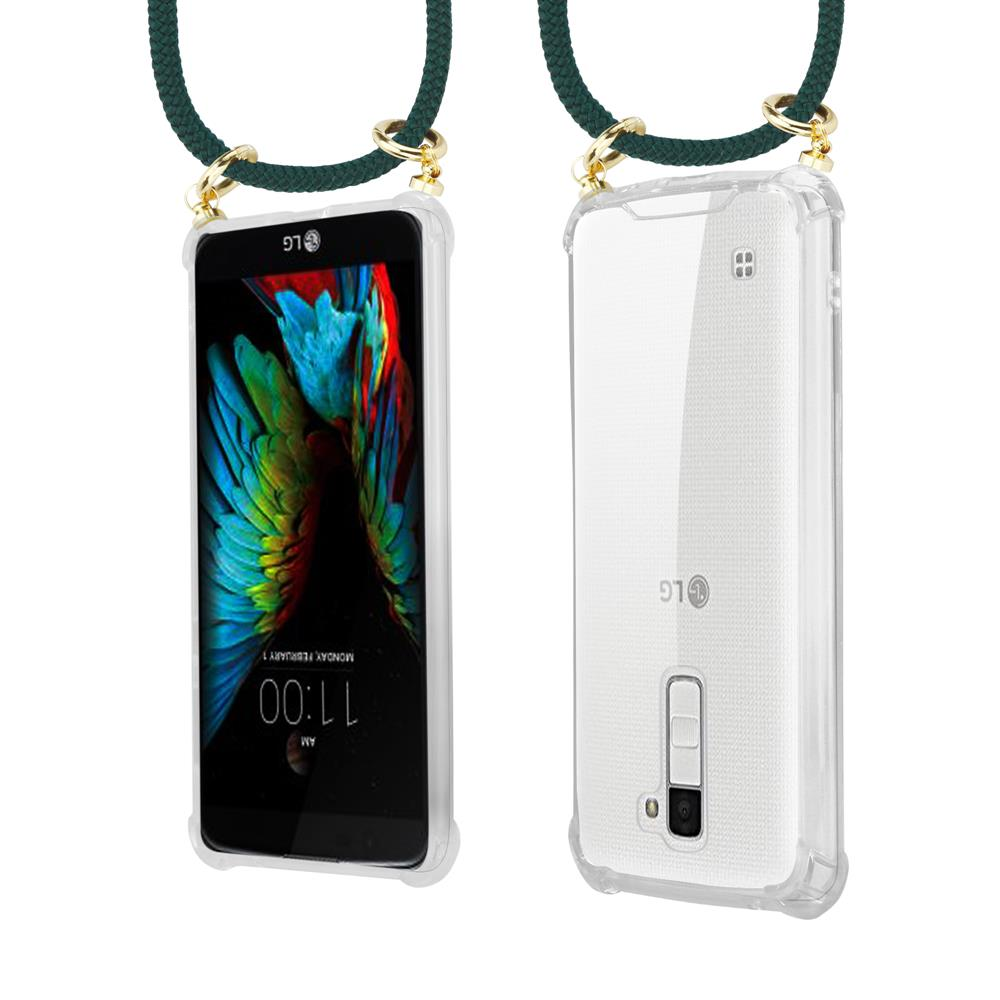 LG Smartphone mit buntem Display und weißer Rückseite, an Lanyard befestigt.