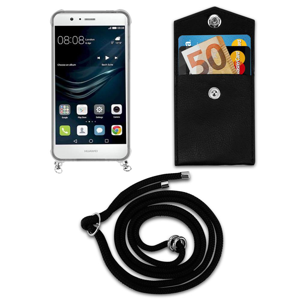 Uno smartphone in custodia trasparente, portafoglio nero con soldi e carta, e cordino.