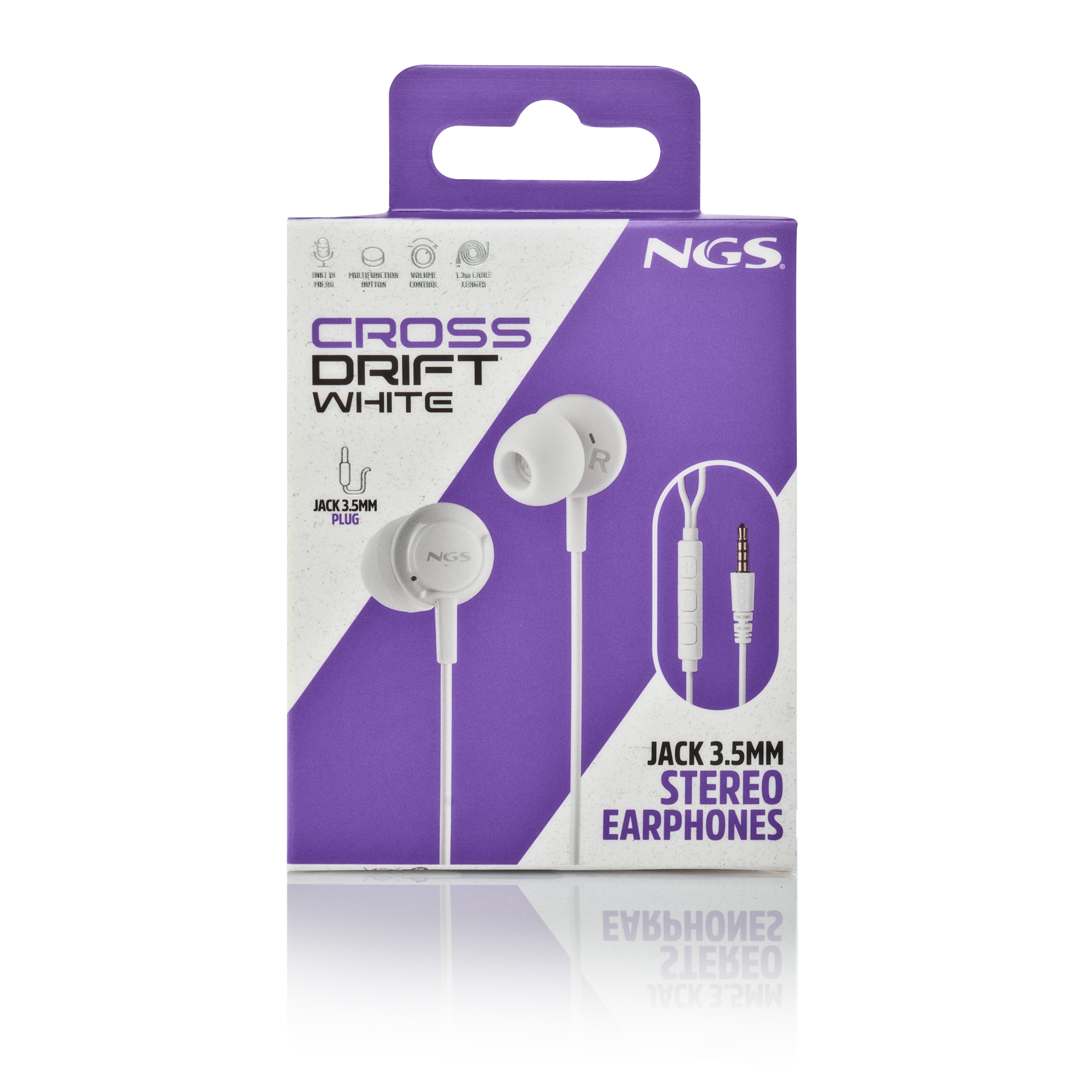 Confezione di auricolari stereo NGS Cross Drift bianchi con spina jack da 3,5 mm.