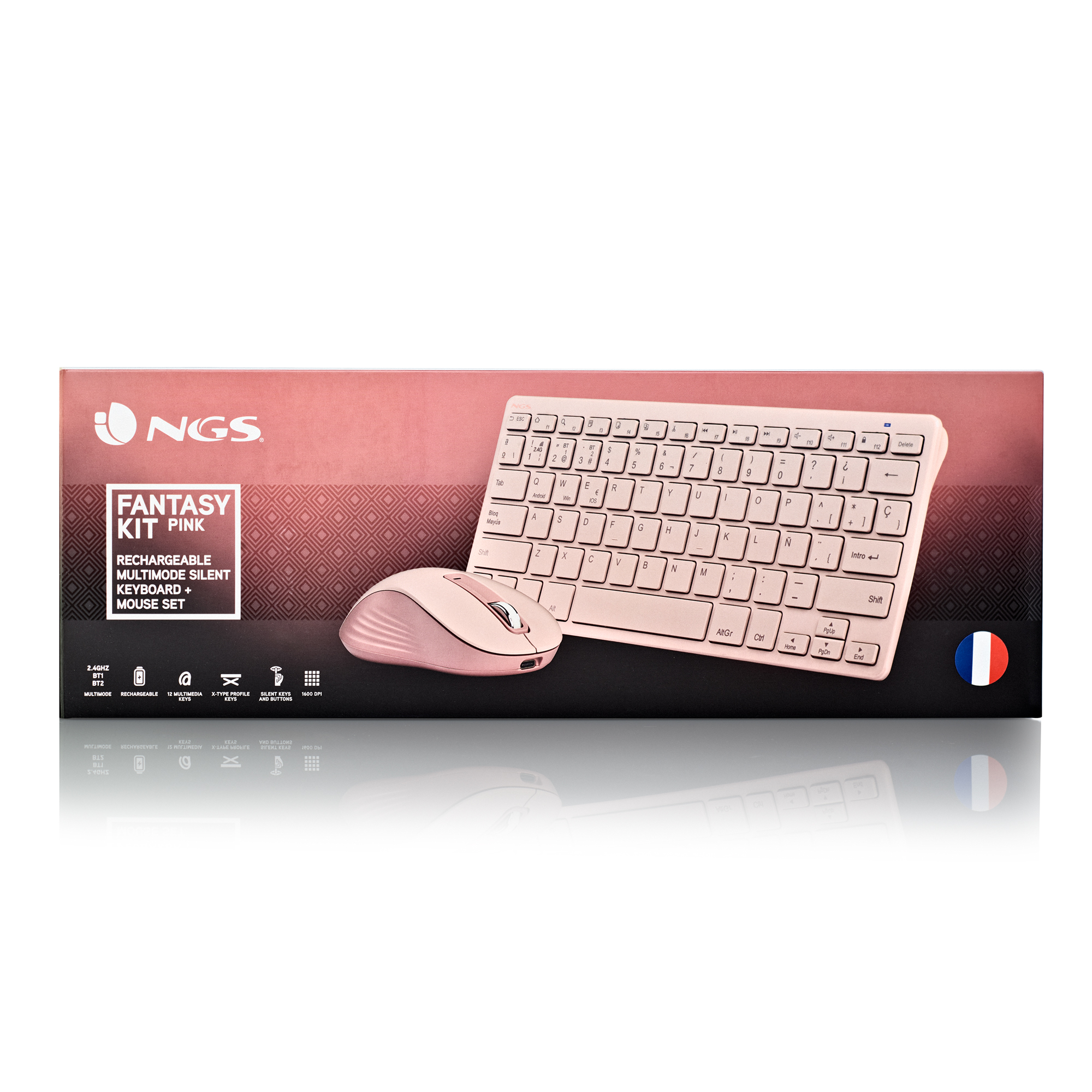 Różowy zestaw klawiatury i myszy NGS na opakowaniu.