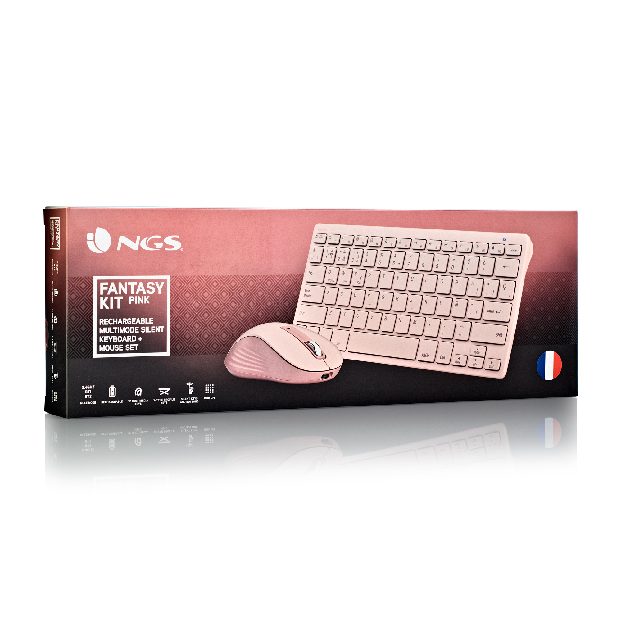 Różowy zestaw NGS FANTASY z klawiaturą i myszą na opakowaniu.