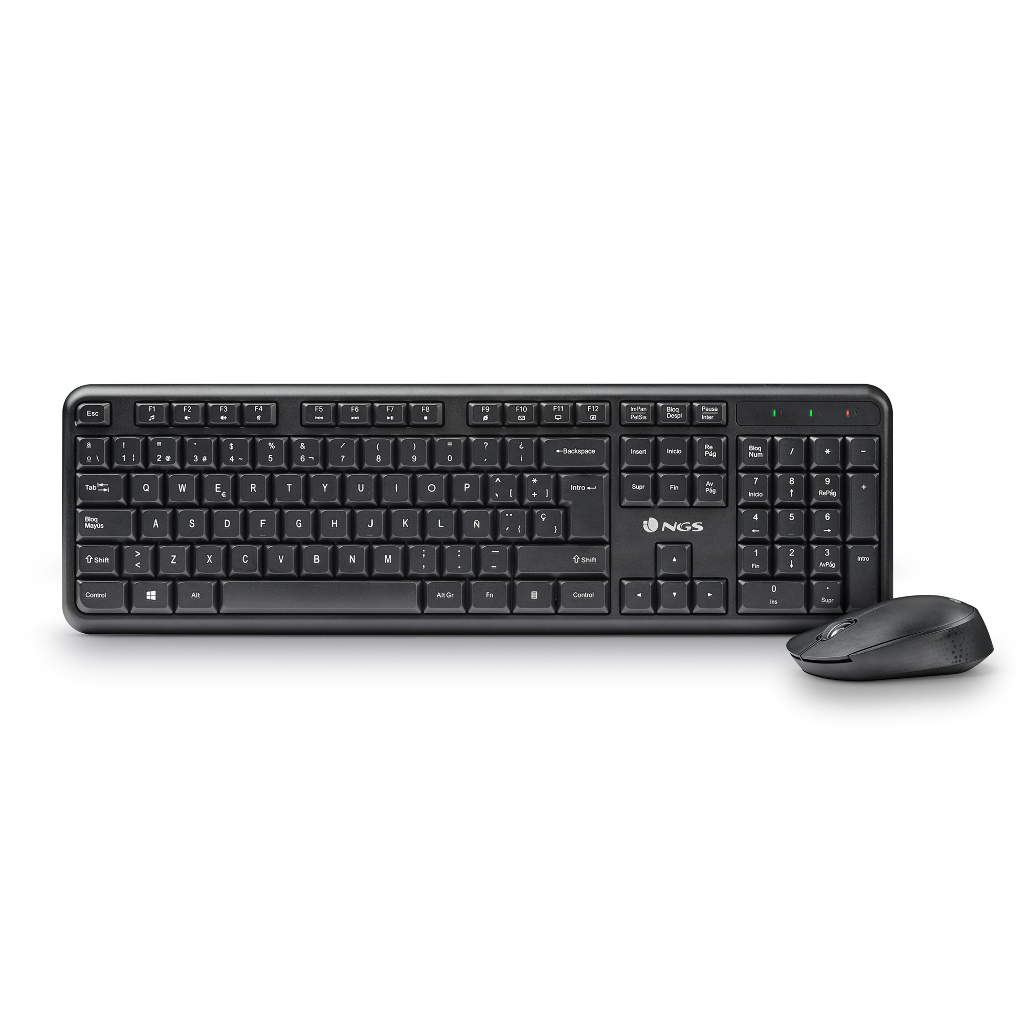 Tastiera e mouse wireless NGS neri su sfondo bianco.