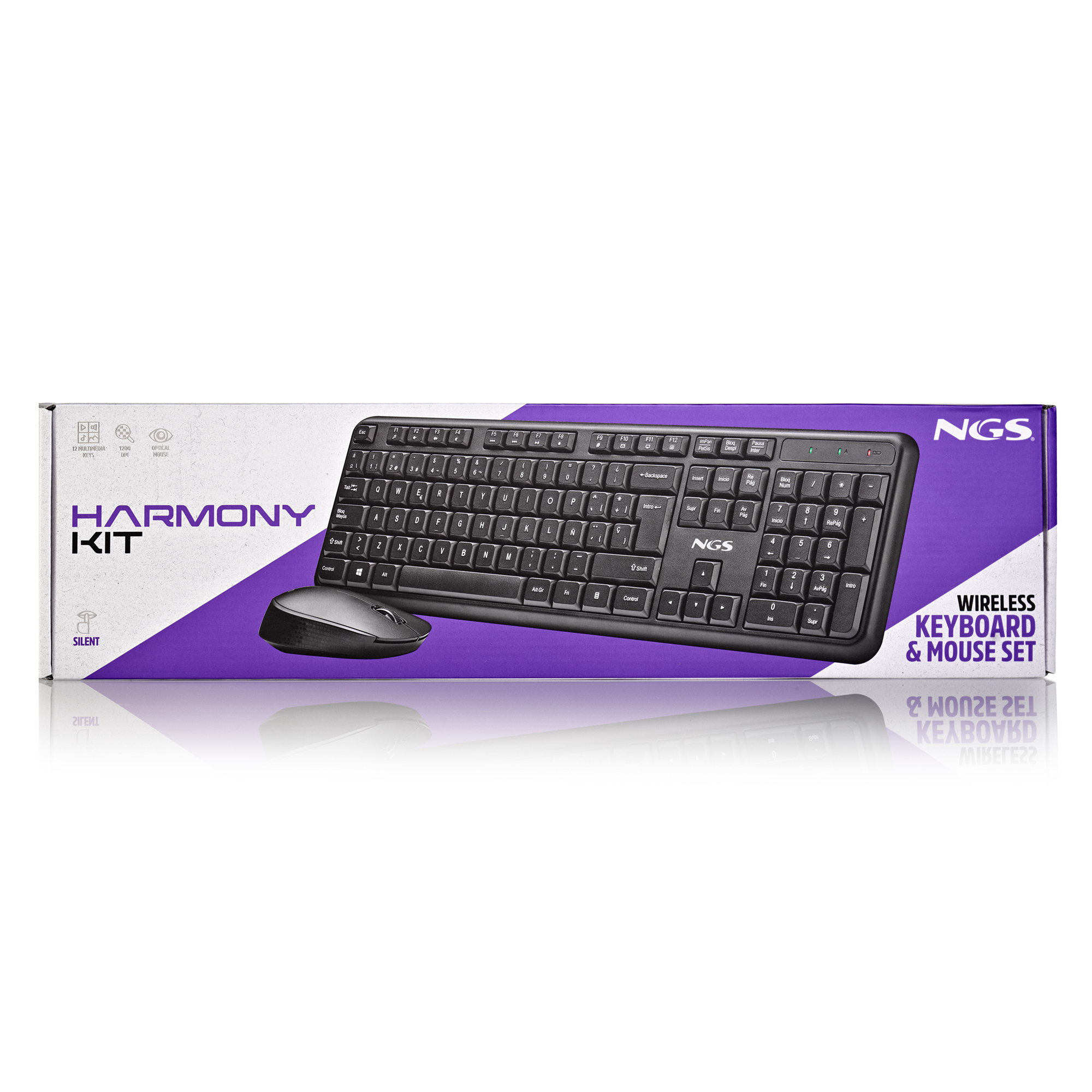 Un set wireless NGS di tastiera e mouse nero su una scatola viola e bianca.