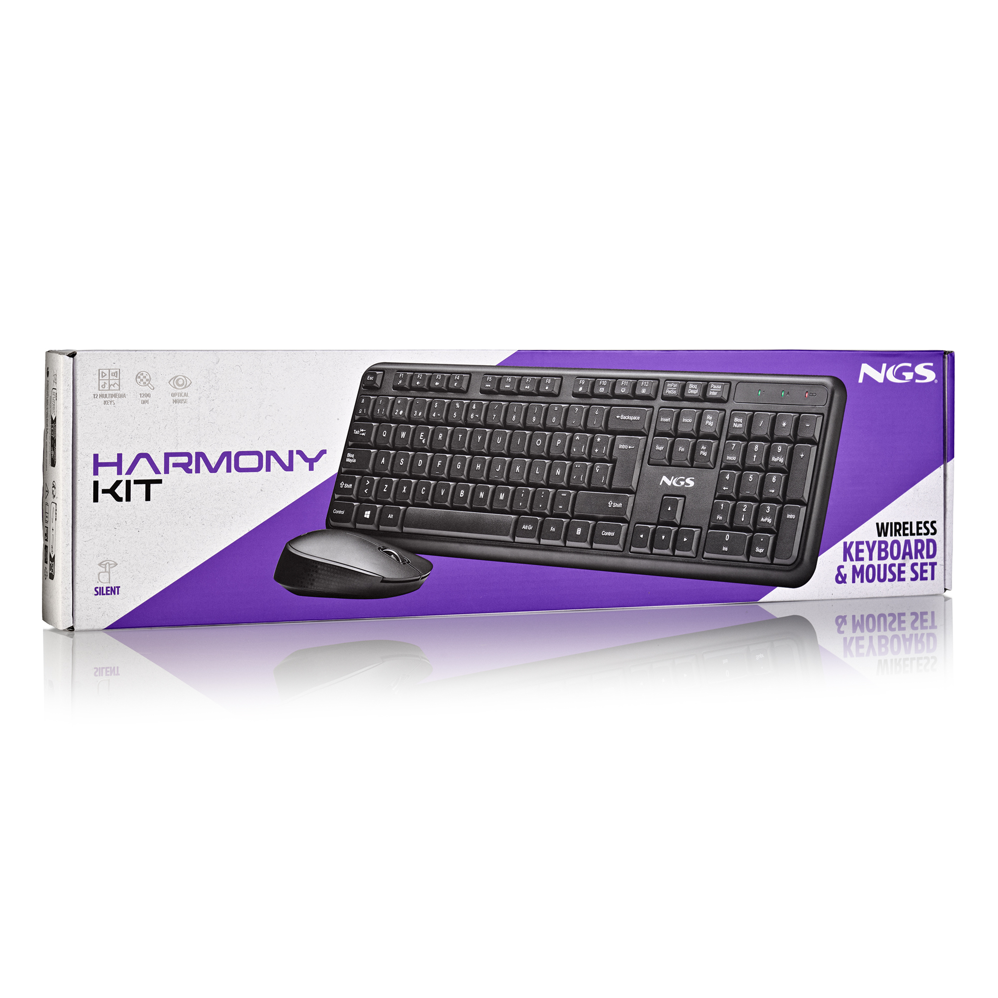 Set wireless tastiera e mouse NGS Harmony Kit nero su sfondo bianco.