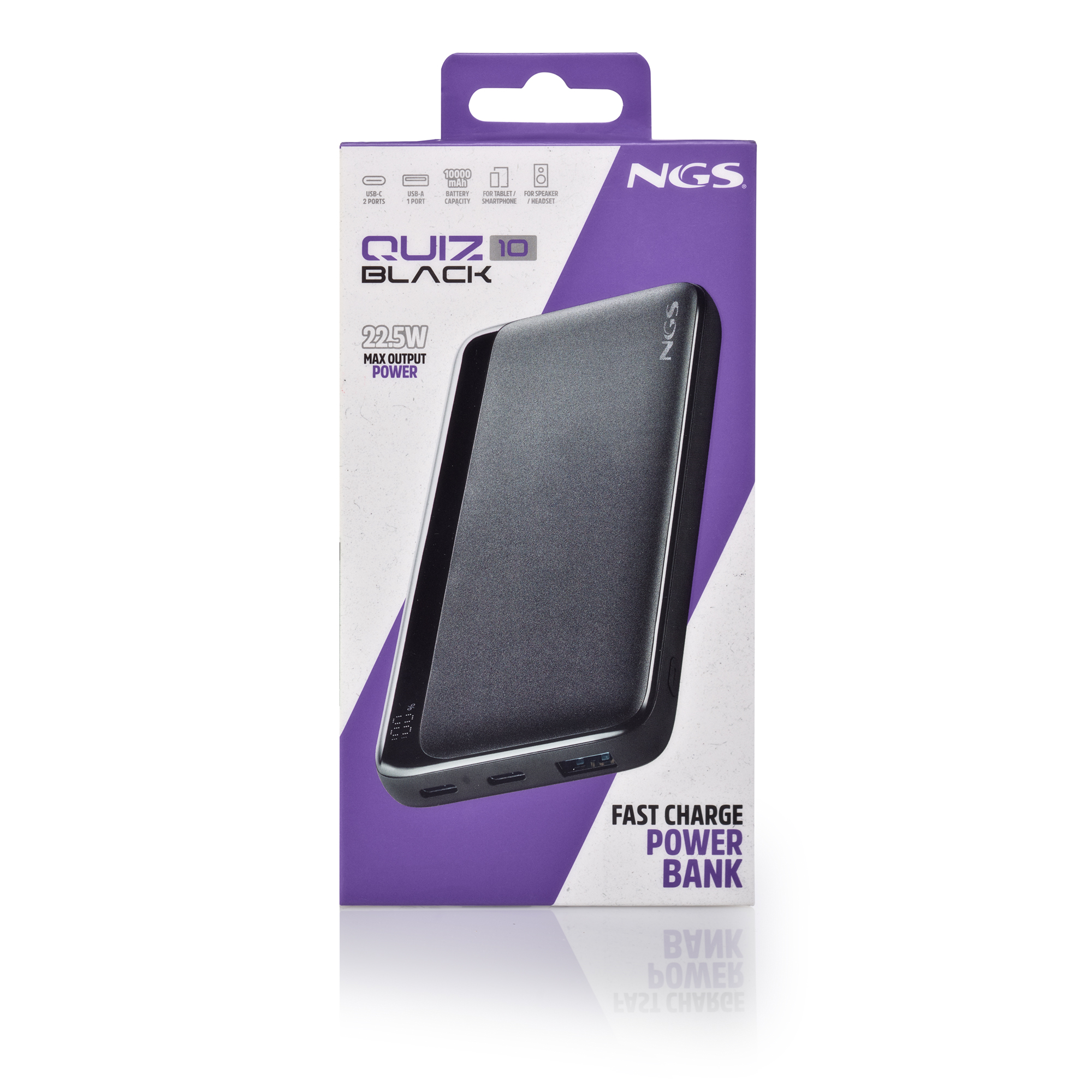 Paquete de power bank NGS Quiz 10 negro con 10000 mAh y salida de 22,5W.