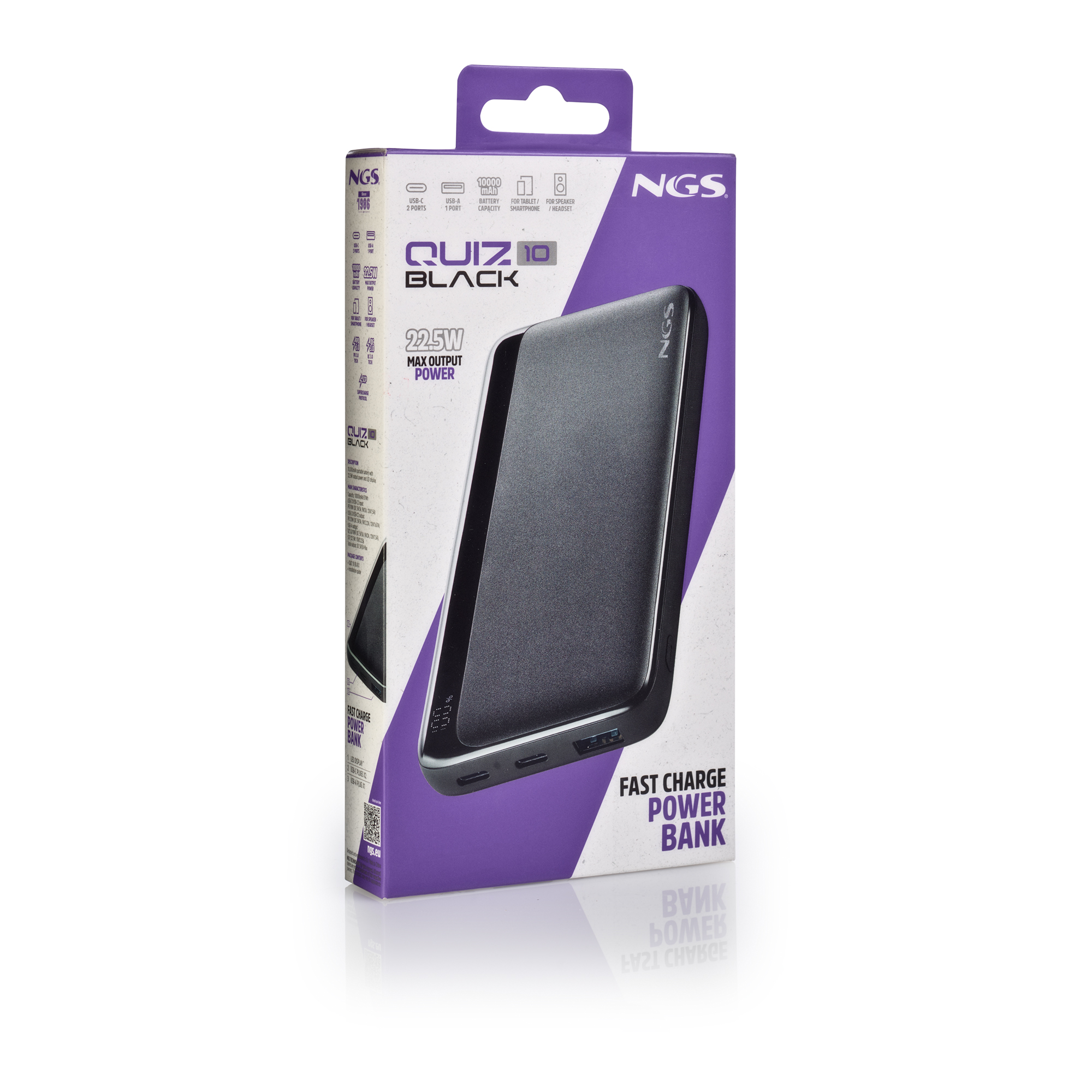 Batería externa negra 10000 mAh, 22,5W, USB-C y USB-A, en embalaje morado.