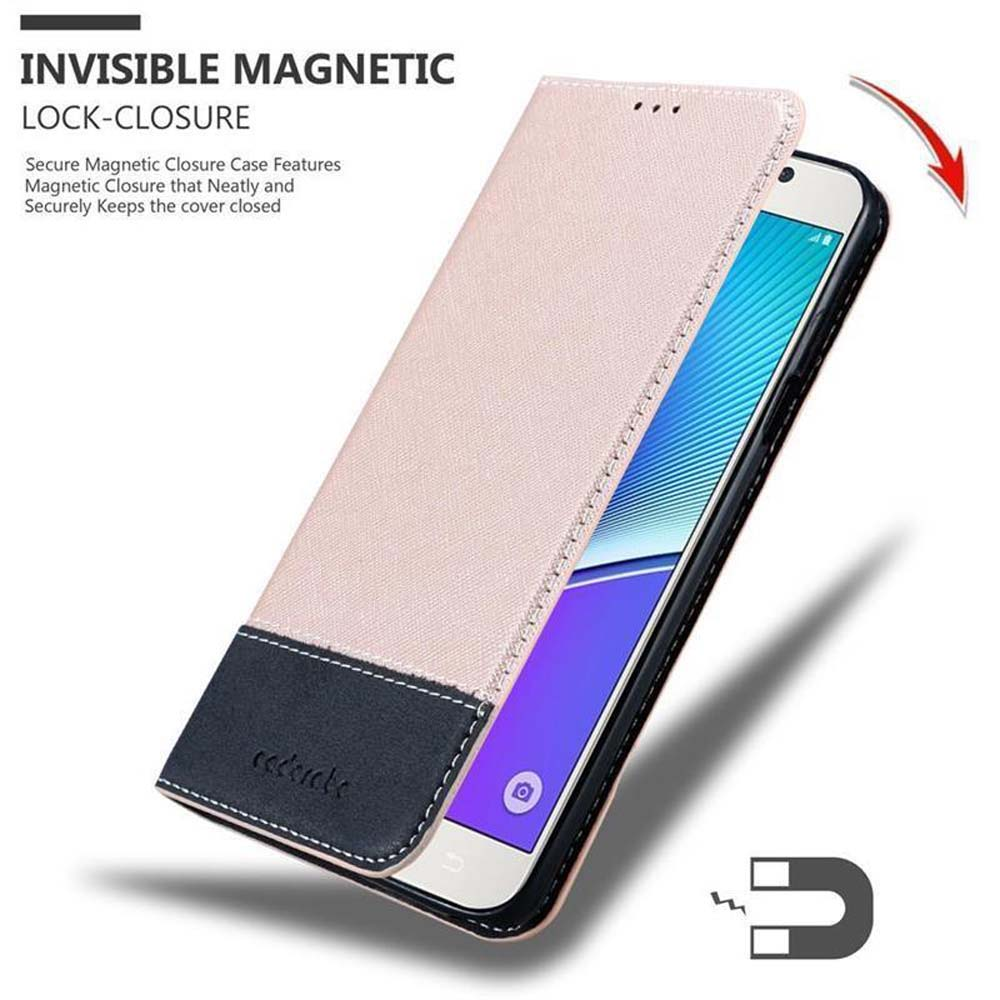 Custodia rosa e nera per telefono con chiusura magnetica, schermo visibile.
